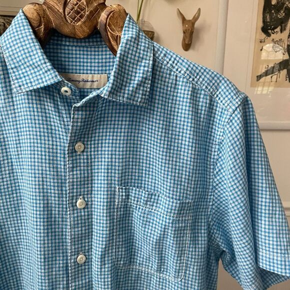Tommy Bahama Linen Cotton Blue Gingham Short Sleeve Button Up Shirt M - Picture 1 of 6
